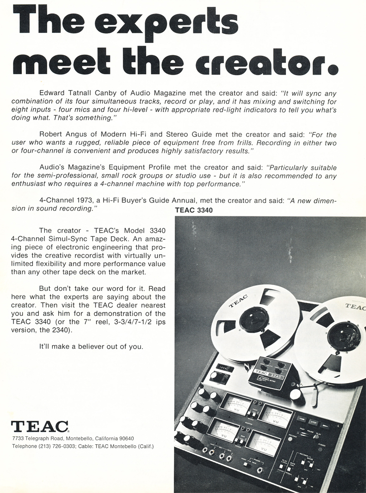 Ad for the Teac A-3340 4 track simul-Sync reel to reel tape recorder in the Phantom Productions, Inc.'s Reel2ReelTexas.com