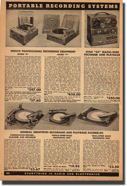 picture of page from the 1946 Allied Radio catalog showing a selection of tape recorders