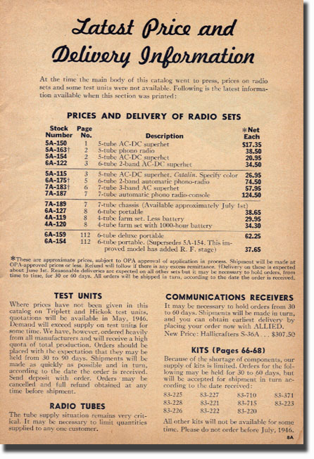 picture of 1946 Allied Radio catalog listing prices for recording items. The pricing is interesting as there is a disclaimer regarding the availability of items, such as radio tubes after WWII.