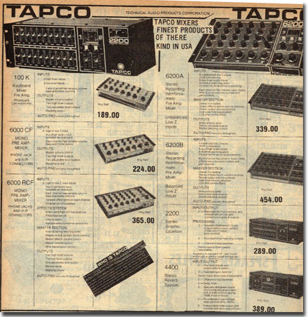 picture of ads for Tapco equipment in 1977 McGee catalog