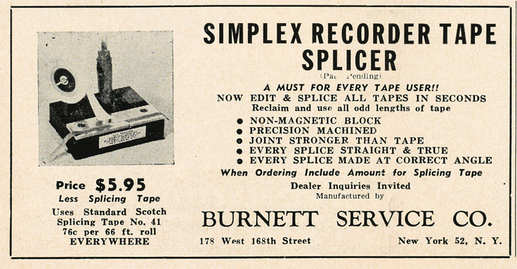 1949 ad for the Simplex Recorder Tape Splicer in Reel2ReelTexas.com's vintage recording collection