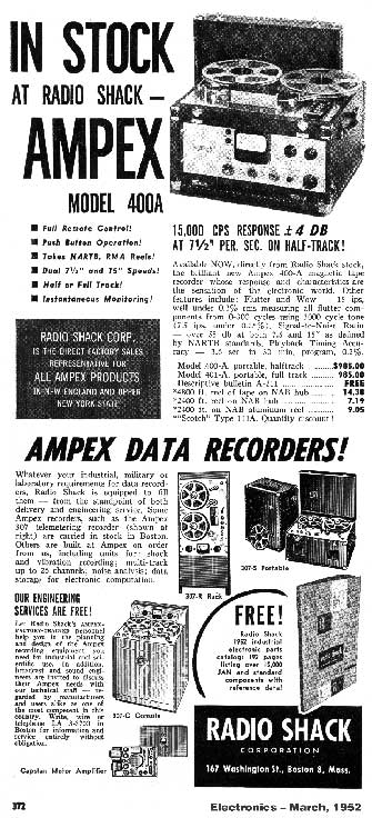 1952 Radio Shack ad for Ampex reel to reel tape recorders in Reel2ReelTexas' vintage recording collection