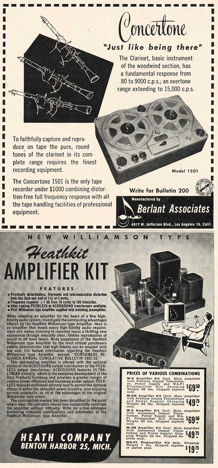 1953 Concertone and HeathKit ads in Reel2ReelTexas.com's vintage recording collection