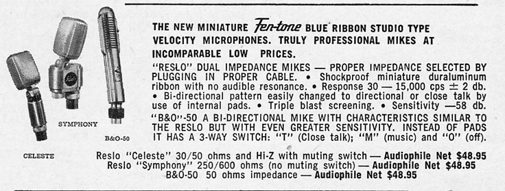 1953 ad for the Fen-Tone Blue Ribbon,Reslo and BandO microphones in Reel2ReelTexas.com vintage reel to reel tape recorder collection 