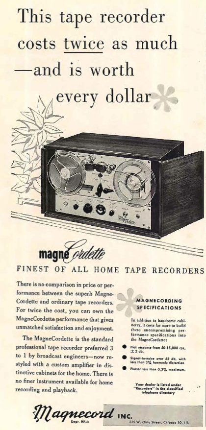 1954 ad for the Magnecord Cordette reel to reel tape recorder in Reel2ReelTexas.com's vintage recording collection