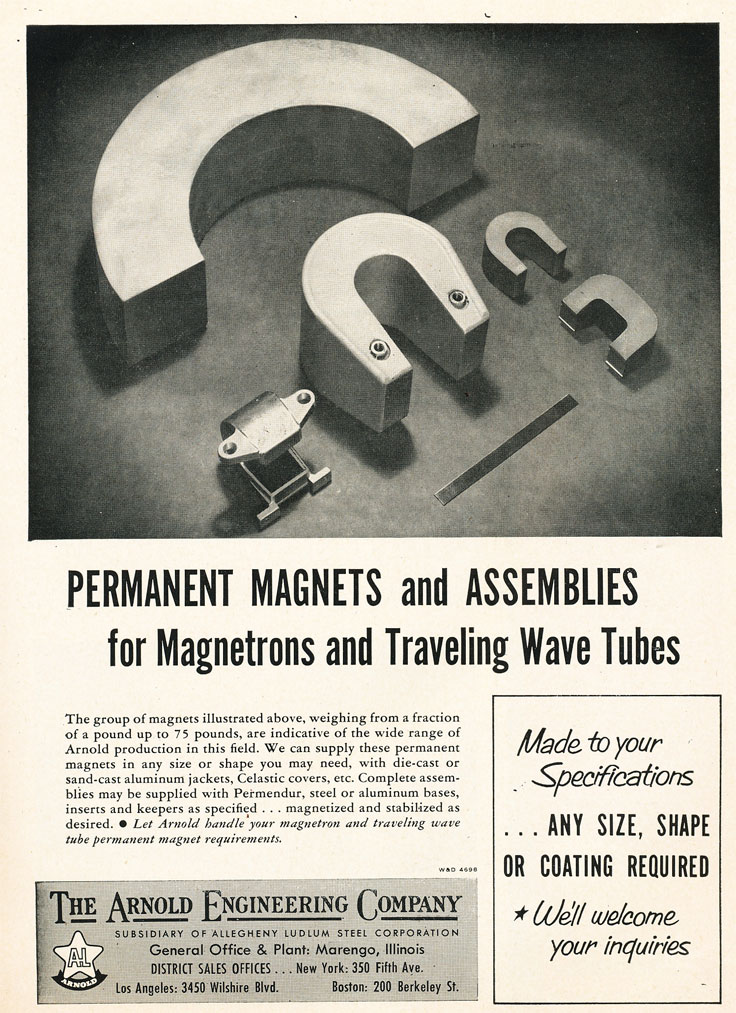 1954 ad for Arnold Engineering's magnets in Reel2ReelTexas.com's vintage recording collection