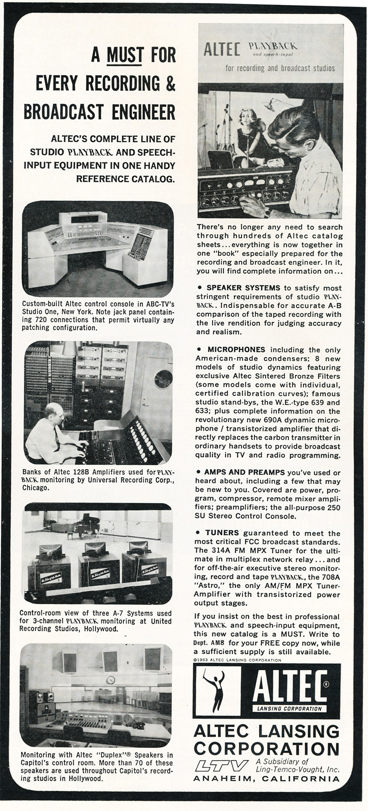 1963 ad for Altec studio equipment in Reel2ReelTexas.com's vintage recording collection