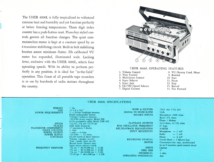 1966 Uher reel tape recorder brochure Model 4000 Report L in Reel2ReelTexas.com's vintage recording collection
