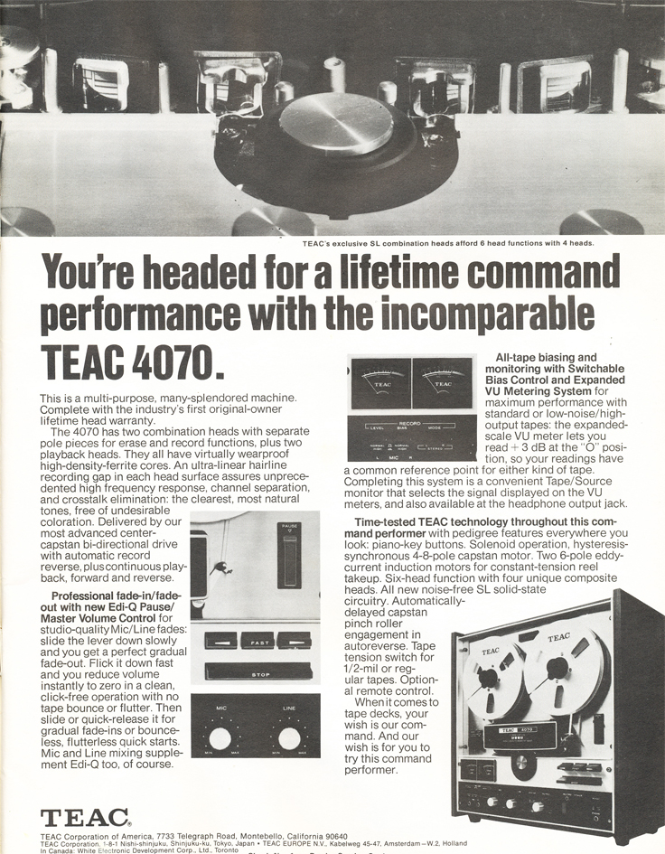 1971 ad for the Teac A-4070 reel tape recorder in Reel2ReelTexas.com's vintage recording collection