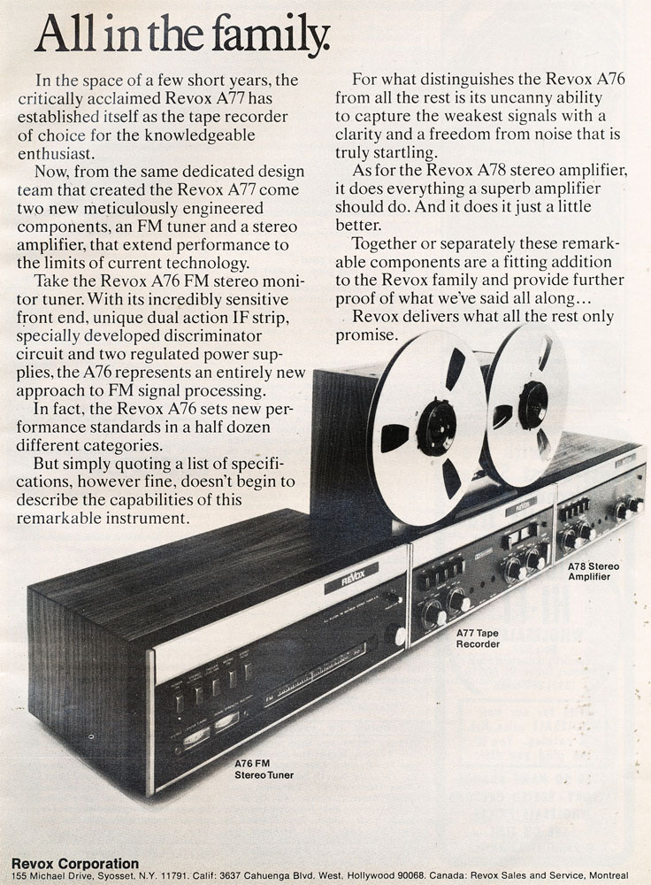1972 ad for ReVox A77 reel to reel tape recorder, the Revox A-76 tuner and the A-78 Revox amplifier in Reel2ReelTexas.com's vintage recording collection