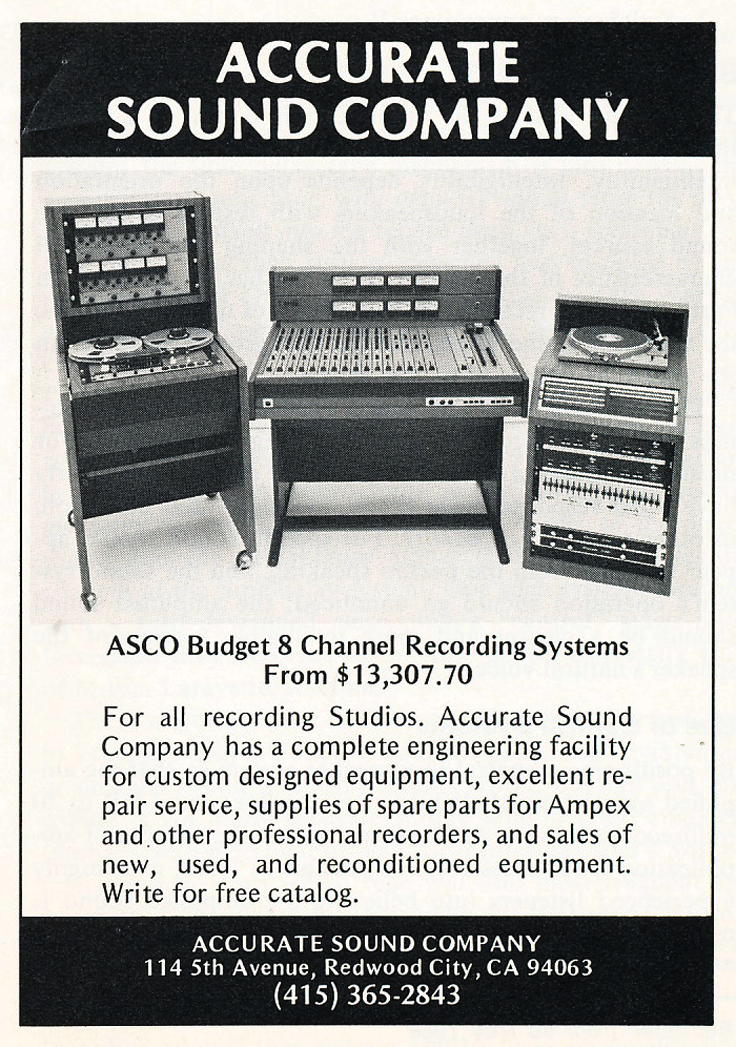 1975 ad for Accurate Sound Company's ASCO Budget 8 track studio package  in Reel2ReelTexas.com's vintage recording collection