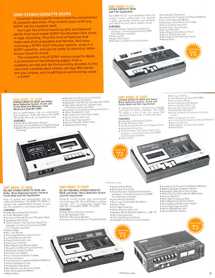 1975 Sony brochure in the Reel2ReelTexas.com's vintage recording collection featuring their reel to reel tape recorders, cassette recorders, microphones and mixers