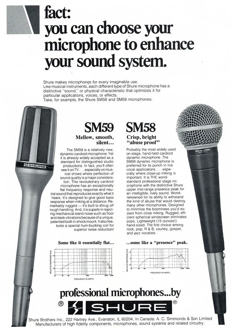 1979 ad for the Shure SM58 and SM59 microphones in Phantom Productions' vintage tape recording collection