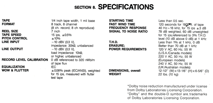 Specifications of Fostex R8 reel to reel tape recorder manual in Phantom Productions' reel tape recorder collection