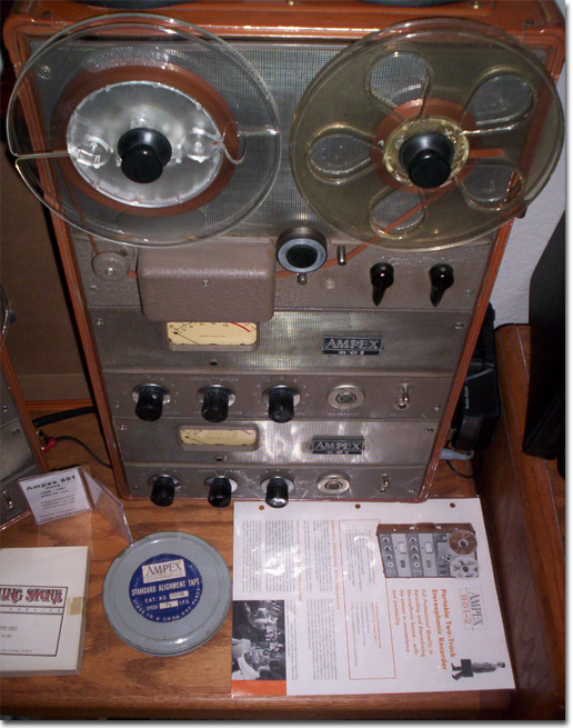 picture of Ampex 601-2 reel tape recorder with Ampex alignment tape