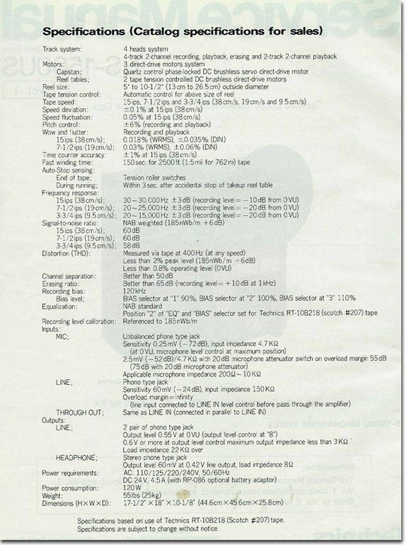 Technics RS-1500 reel tape recorder specifications in the Museum of Magnetic Sound Recording