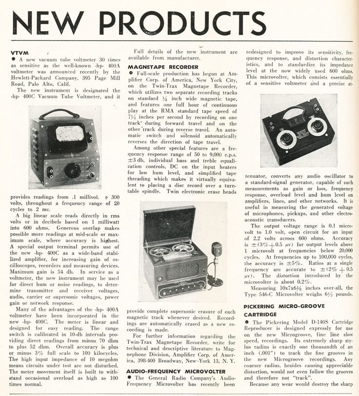 1948 listing of new audio products in the October 1948 issue of the Audio Engineering magazine in Reel2ReelTexas.com's vintage recording collection