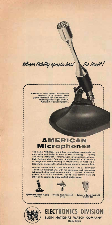 1957 ad for the American D33 microphone made by the Elgin Watch Company in Phantom Produtions' vintage recording collection