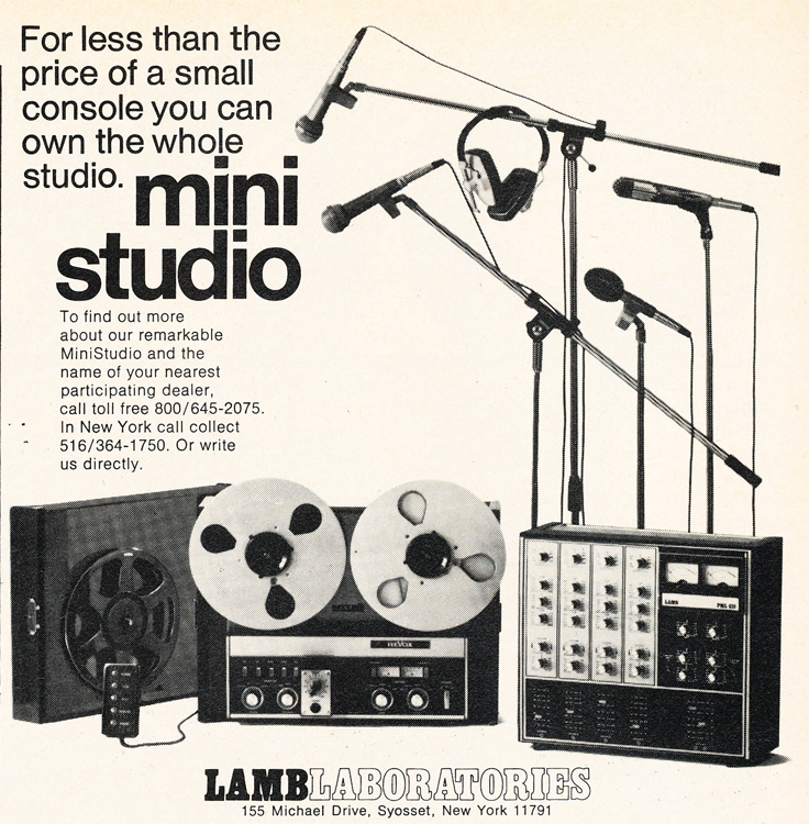 1973 Lamb Laboratories Mini Studio ad featuring the ReVox transport system in their reel to reel tape recorder in Reel2ReelTexas.com's vintage recording collection